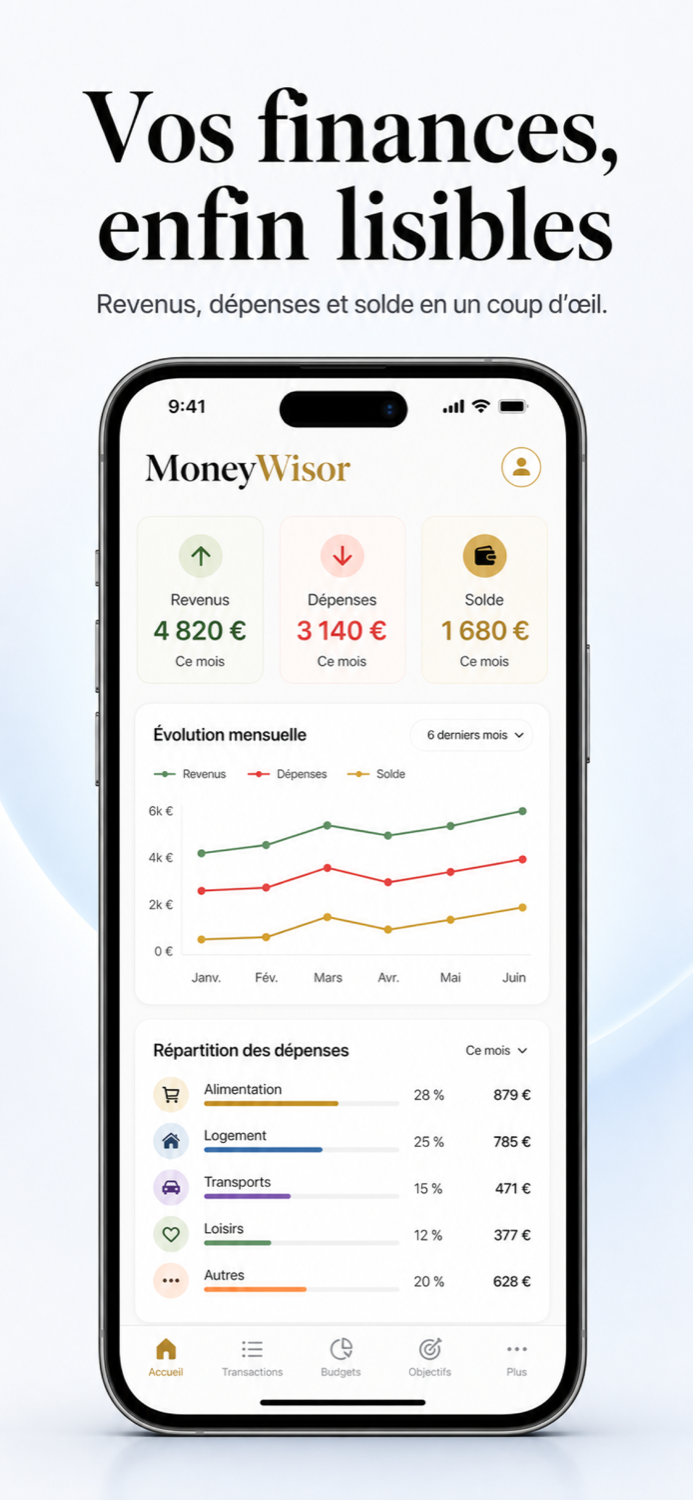 Tableau de bord MoneyWisor sur iPhone